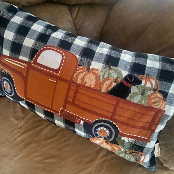 Loving Kindness Fall Pumpkin Patch Plaid Large Throw Pillow Dog Truck embroider - Picture 9 of 9